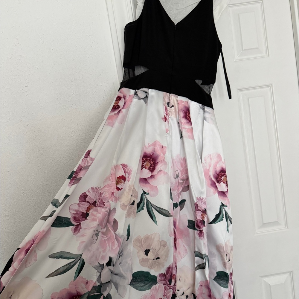 Xscape Black Bodice Pink & White Floral Prom Dress